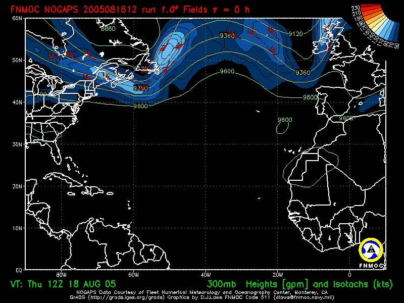 product: 300hPa Heights [m] and Isotachs [kts], area: Atlantic, tau: 000 